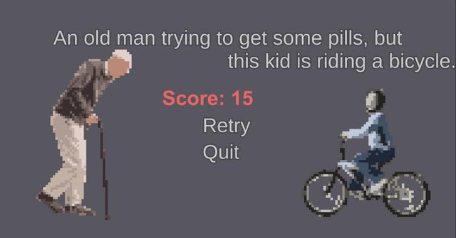 An old man trying to pick up pills, but this kid is riding a bicycle.