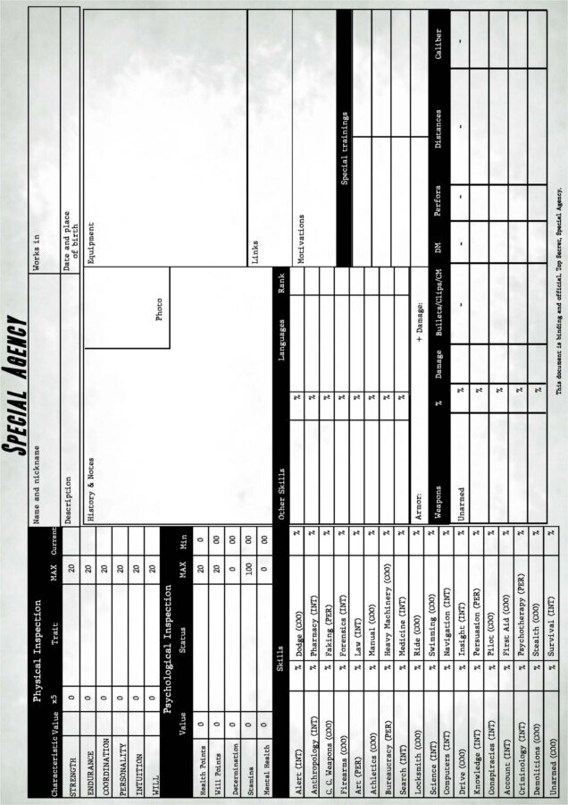 Fillable sheet for Special Agency