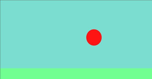 Red ball in front of blue sky above green ground (real)